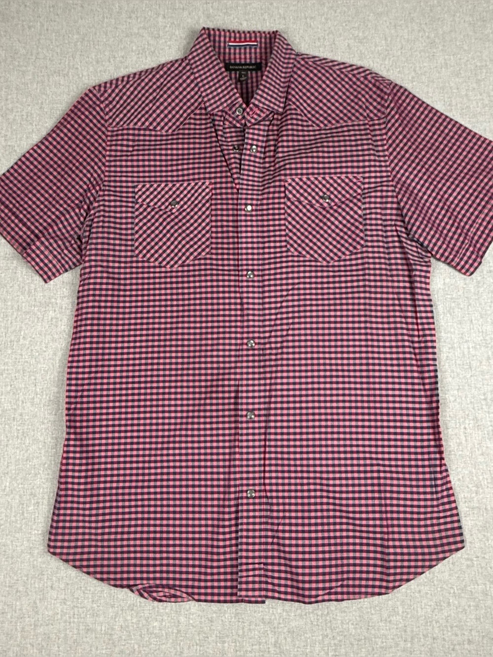 Banana Republic Red Navy Gingham Western Pearl‎ Snap Shirt L Tall